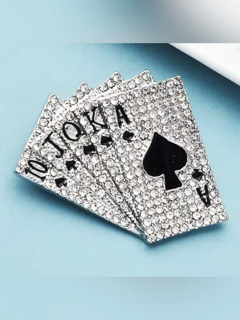 SILVER CRYSTAL POKER BROOCH / PIN / PENDANT